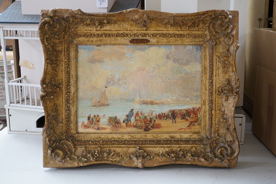 Mid 20th century, oil on canvas, ‘Misty Margate’, indistinctly signed, 24 x 34cm, applied handwritten plaque to the ornate gilt frame. Condition - fair